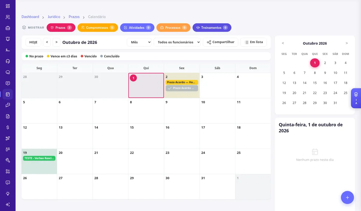 IntegraLegal Deadlines and calendar screen